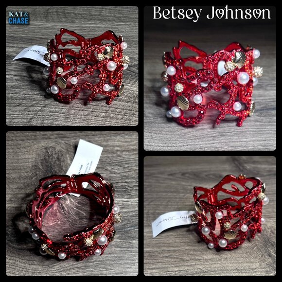 NWT Betsey Johnson Coral Hinge Bracelet Red Pearl Seashell Crystal Beach Sea - Picture 6 of 12